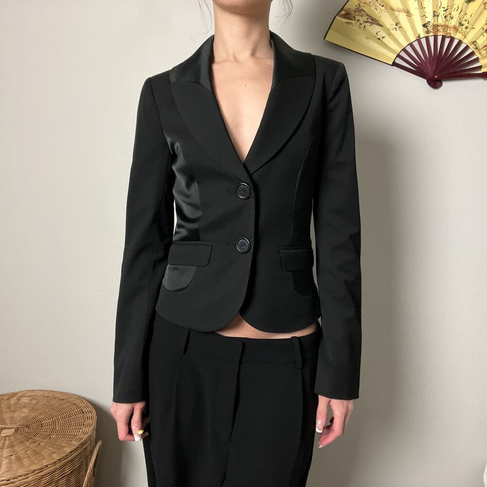y2k arden b black sexy minimalist office siren fitted plunge blazer jacket